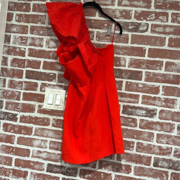 Cinq A Sept Adrie One Shoulder Ruffle Red Mini Cocktail Dress Size 4 EUC - Picture 3 of 9